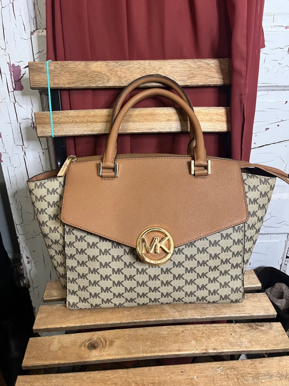 Michael Kors Brown Logo Satchel with Gold MK Emblem